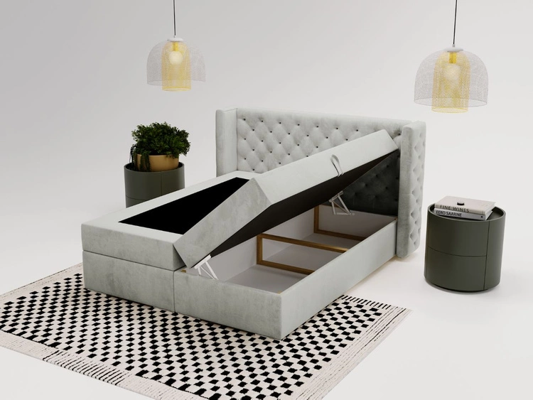 Łóżko kontynentalne z pojemnikiem na pościel 140x200 cm Lion Jasnoszare