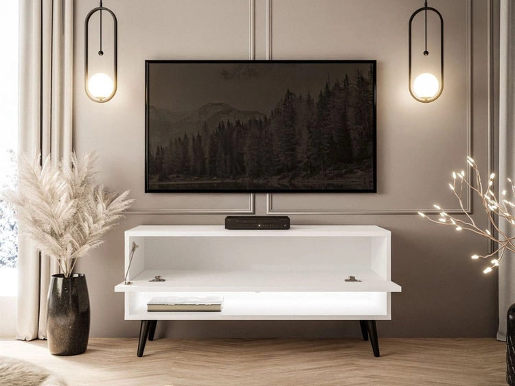 Szafka RTV 90 cm do salonu z oświetleniem LED i czarnymi nóżkami Aurelie Biały połysk