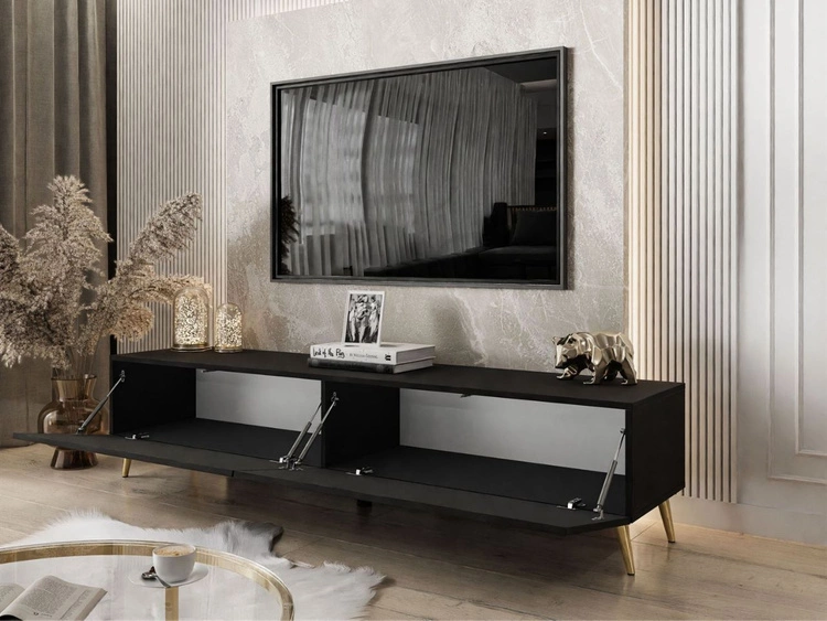 Szafka RTV pod telewizor z drzwiczkami na złotych nóżkach 175 cm Sorelle Czarny mat