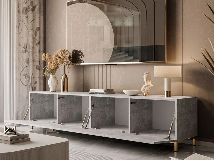 Szafka RTV pod telewizor z drzwiczkami na złotych nóżkach 200 cm Nodoo Beton