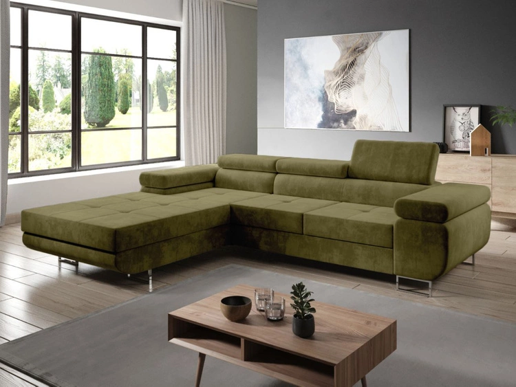 Narożnik L lewy z funkcją spania i pojemnikiem Solam Ciemny zielony