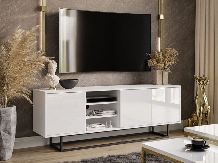 Szafka RTV pod telewizor z drzwiczkami na czarnym stelażu Vivance Biały połysk
