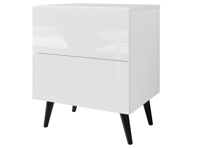 Stolik nocny z szufladami na czarnych nogach Noaé Lux Biały połysk