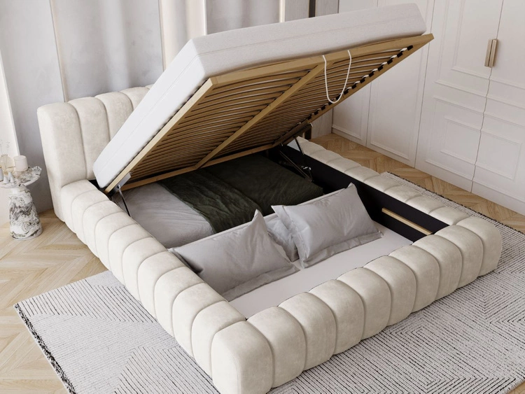 Łóżko tapicerowane z pojemnikiem na pościel i stelażem 120x200 Italia Kremowe