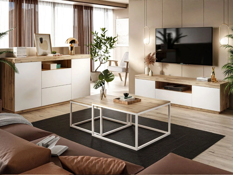 Dwudrzwiowa komoda 164 cm w stylu loft Asumi biały mat i dąb wotan