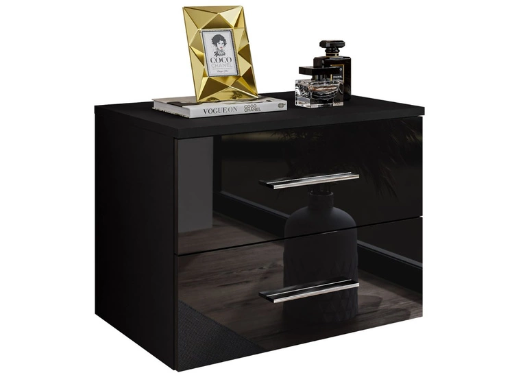 Podwieszany stolik nocny z dwoma szufladami Nuveo Czarny połysk