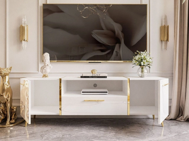 Szafka RTV w stylu glamour z szafkami i szufladą Lunelie biały połysk