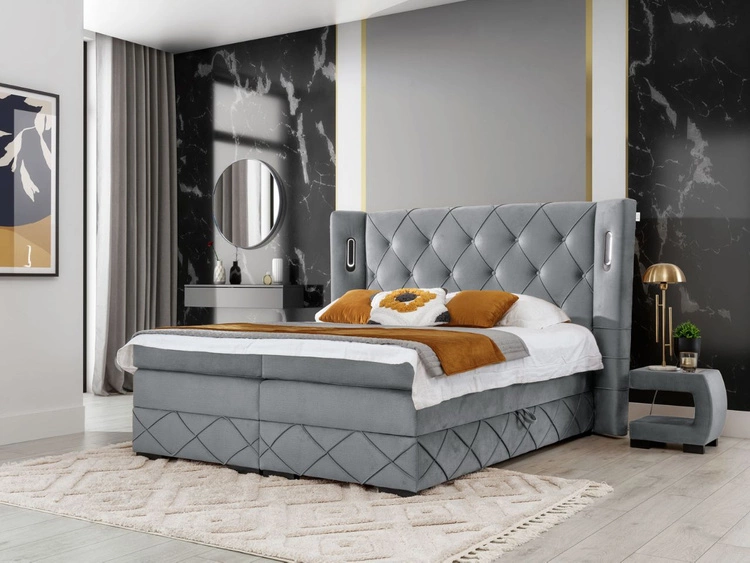 Łóżko kontynentalne z pojemnikiem na pościel 180x200 Neria Lux Jasnoszare