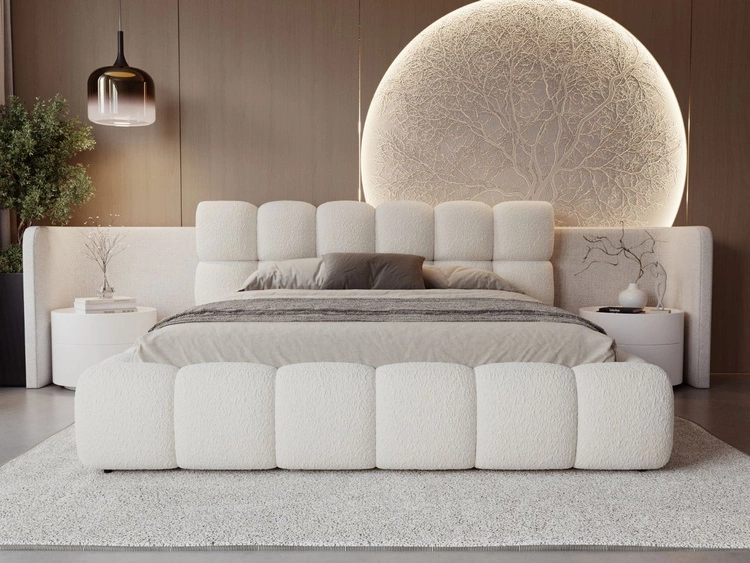 Łóżko tapicerowane z pojemnikiem na pościel i stelażem 200x200 Modo w tkaninie bouclé Beżowe