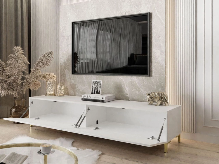 Szafka RTV dwudrzwiowa na złotych nóżkach 175 cm Sorelle Biały połysk