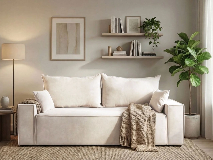 Kanapa z funkcją spania i pojemnikiem na pościel Sivra Kremowa