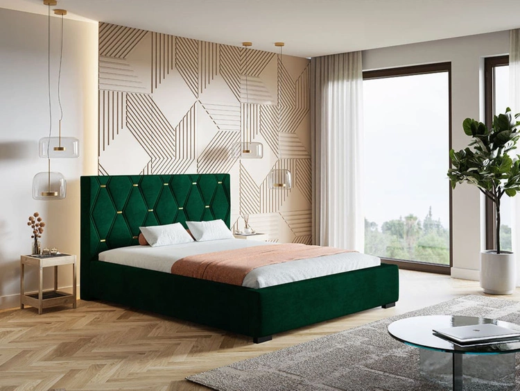 Łóżko tapicerowane z pojemnikiem i stelażem 140x200 Tasso Zielone