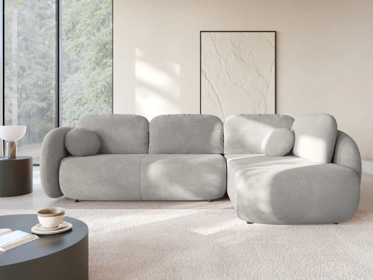 Narożnik z funkcją spania i pojemnikiem Prawy Carino Jasnoszary