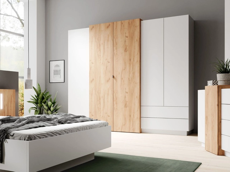 Szafa pięciodrzwiowa z drzwiami uchylnymi Morten Biała, Dąb Craft Złoty