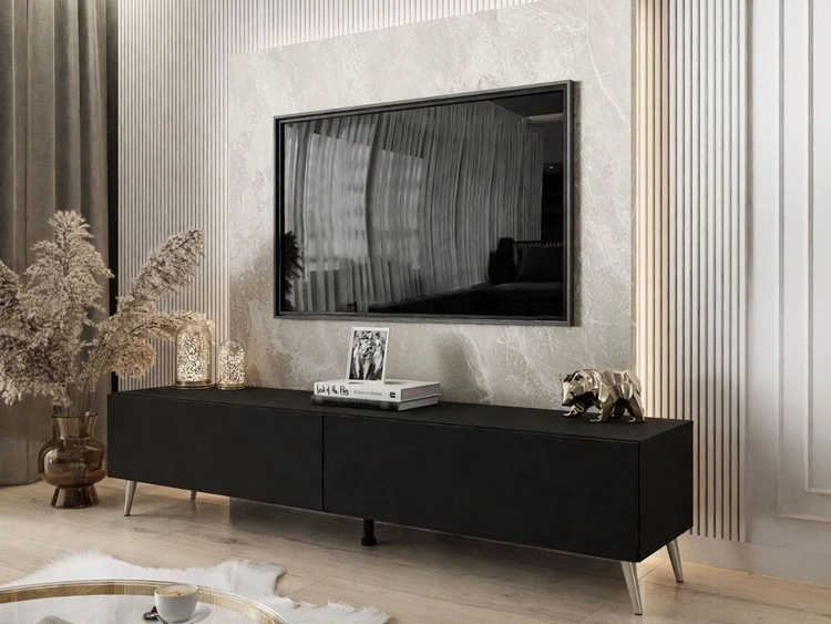 Szafka RTV dwudrzwiowa na srebrnych nóżkach 175 cm z oświetleniem LED Sorelle Czarny mat