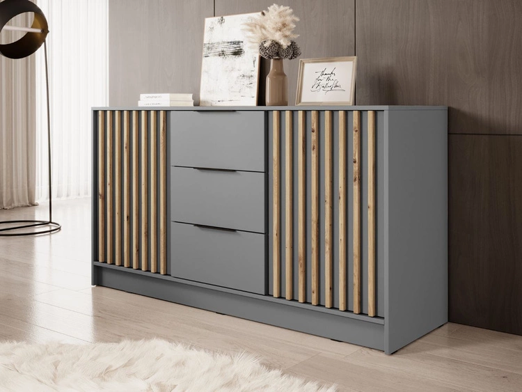 Komoda z drzwiami i szufladami 155 cm Macron Szara z lamelami