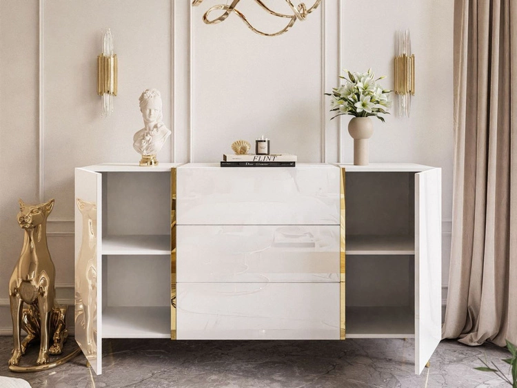 Zestaw mebli do salonu na złotych metalowych nóżkach w stylu glamour Lunelie Biały połysk