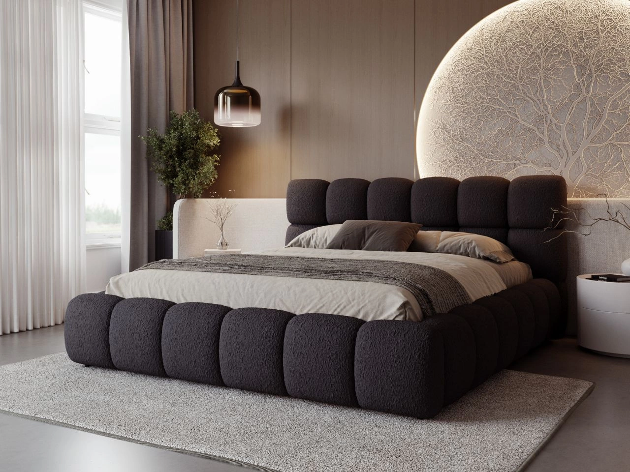 Łóżko tapicerowane z pojemnikiem na pościel i stelażem 140x200 Modo w tkaninie bouclé Czarne