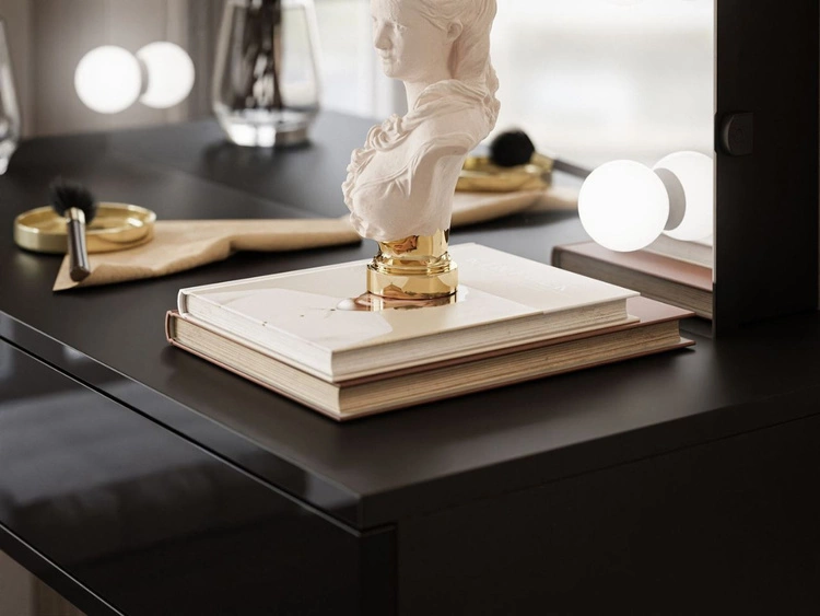 Toaletka kosmetyczna w stylu glamour z szufladami, czarnymi nogami i oświetleniem LED Olivine Elite czarny połysk