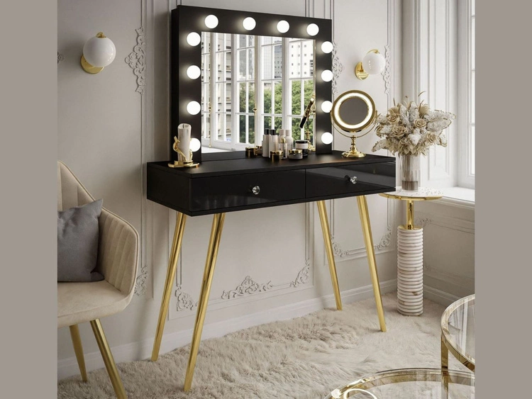 Toaletka kosmetyczna glamour z szufladami, lustrem i oświetleniem LED Olivine czarny połysk