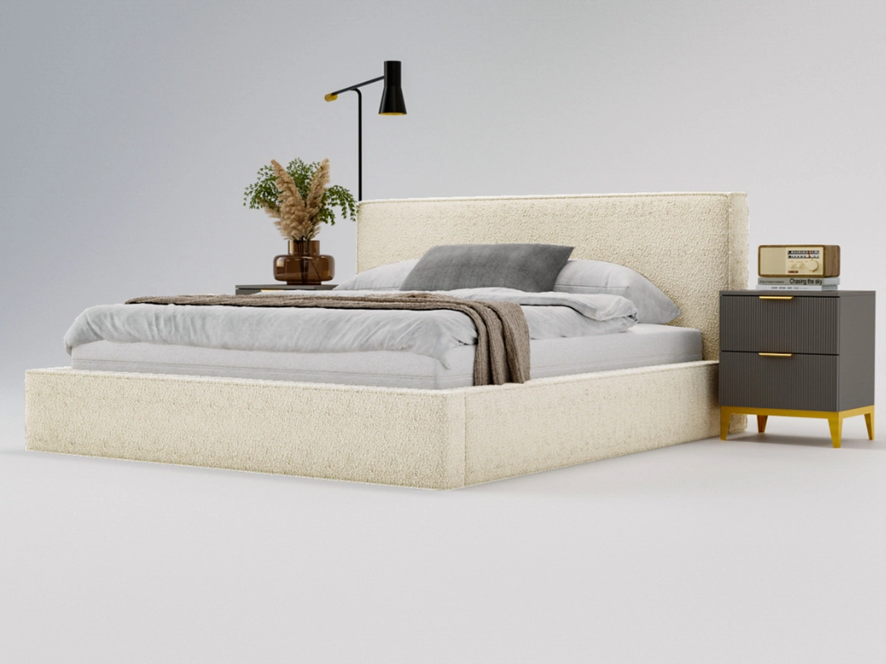 Łóżko tapicerowane z pojemnikiem i stelażem 140x200 Monaco Kremowe