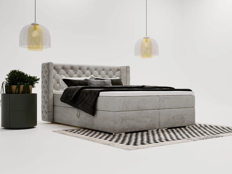 Łóżko kontynentalne z pojemnikiem na pościel 180x200 cm Lion Szare