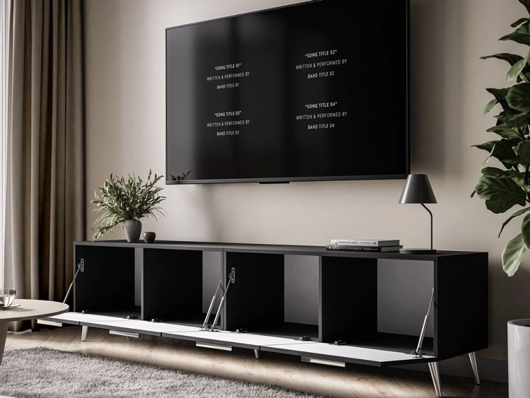 Szafka RTV pod telewizor z drzwiczkami i oświetleniem LED na srebrnych nóżkach 200 cm Noaé Czarny Połysk