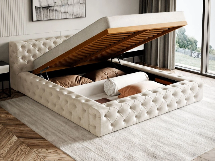 Łóżko tapicerowane z pojemnikiem i stelażem 160x200 cm Palini Beżowe