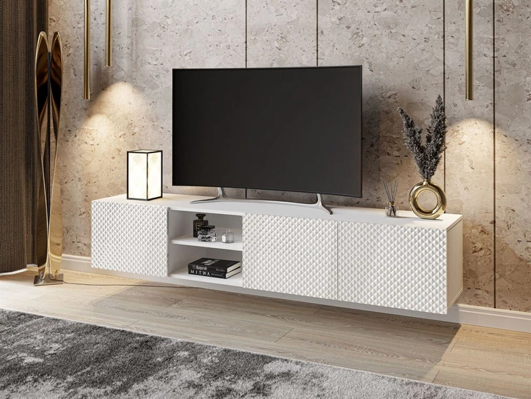 Szafka RTV wisząca z frezowanymi frontami 3D Celiane biały połysk