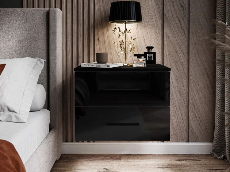 Podwieszany stolik nocny z dwoma szufladami Nuveo Czarny połysk