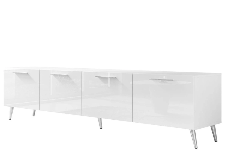 Szafka RTV pod telewizor z drzwiczkami i oświetleniem LED na srebrnych nóżkach 200 cm Noaé Biały Połysk