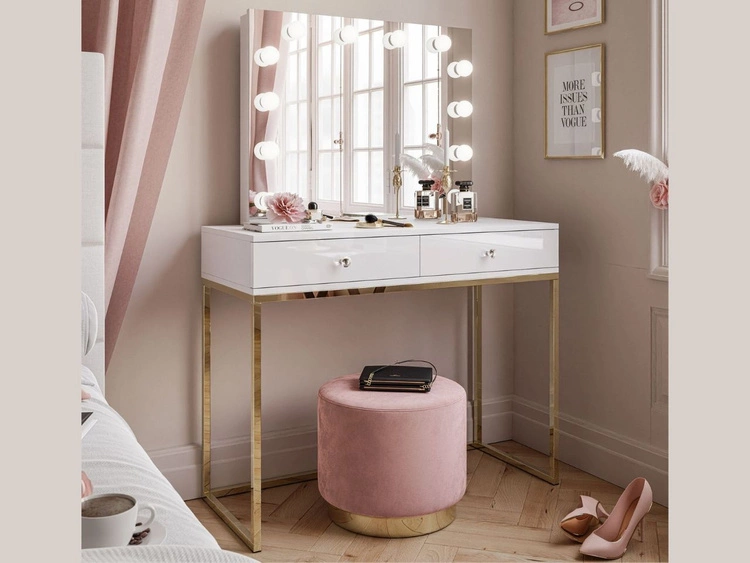 Toaletka glamour z szufladami, lustrem i oświetleniem LED Brisa biały połysk