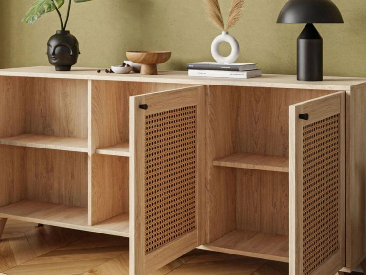 Komoda trzydrzwiowa z nadrukiem plecionki w stylu boho Bellance dąb puccini