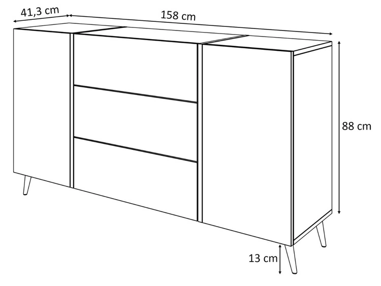 Dwudrzwiowa komoda 158 cm z trzema szufladami i złotymi uchwytami Lunelie biały połysk