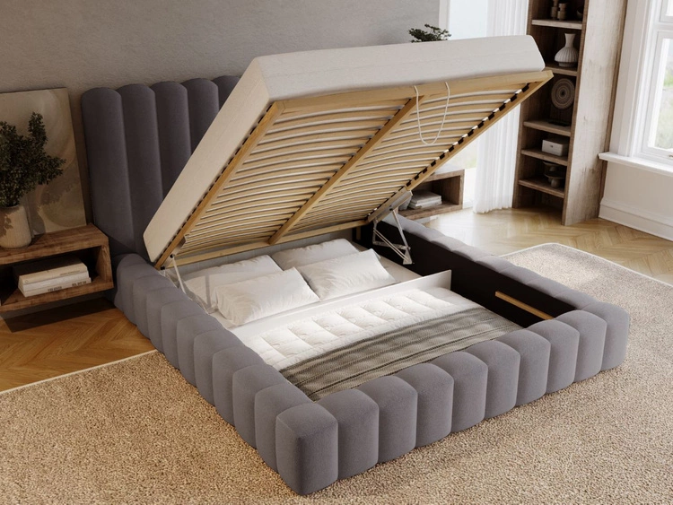 Łóżko tapicerowane z pojemnikiem i stelażem 180x200 cm Rotto Szare