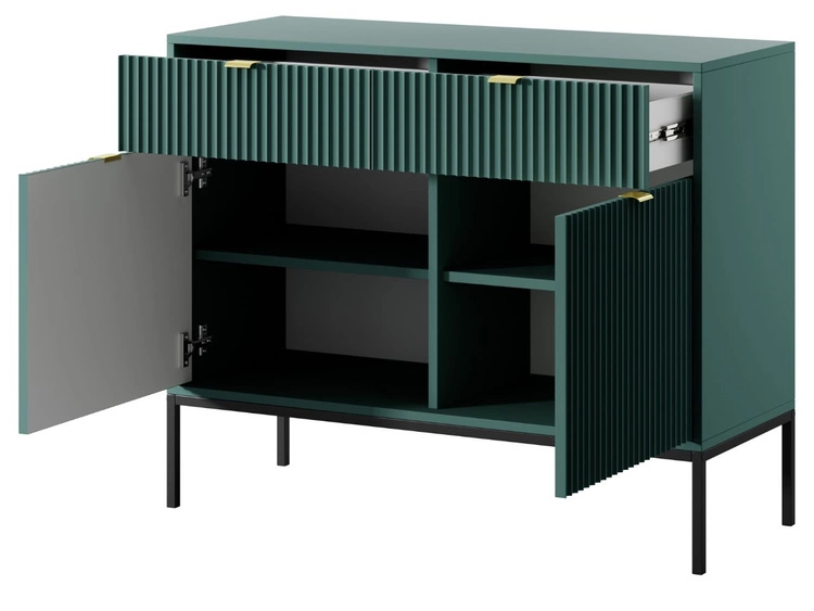 Komoda z drzwiami i szufladami Amber zielona na czarnych nogach
