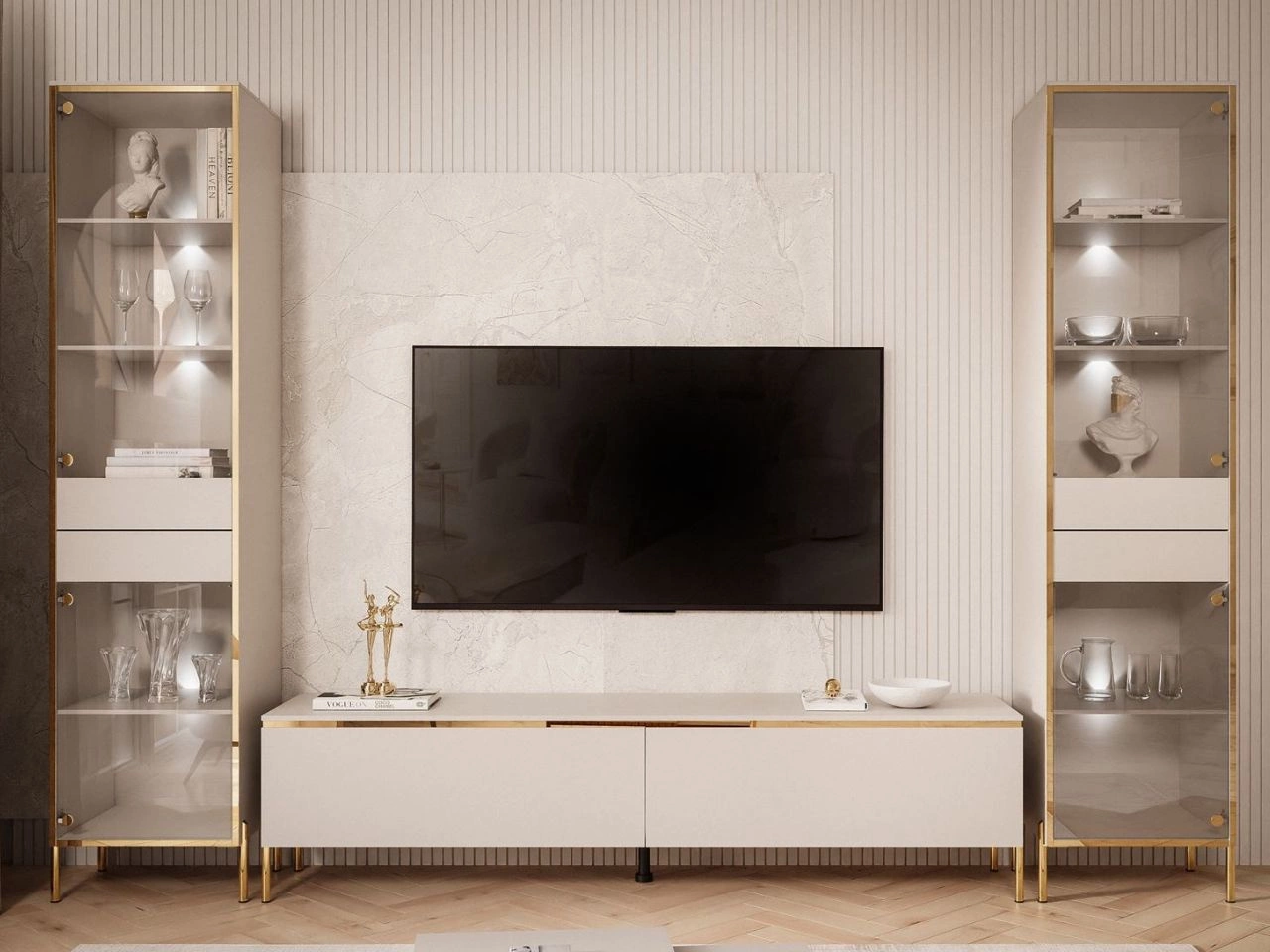 Zestaw mebli do salonu z dwiema witrynami i oświetleniem LED w stylu glamour Evare Kaszmir