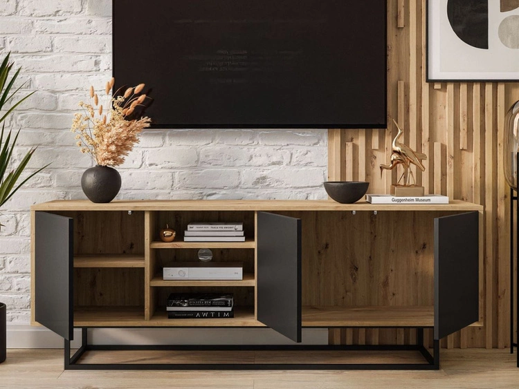 Szafka RTV pod telewizor z drzwiczkami i czarnym stelażem Vivance Czarny i dąb artisan