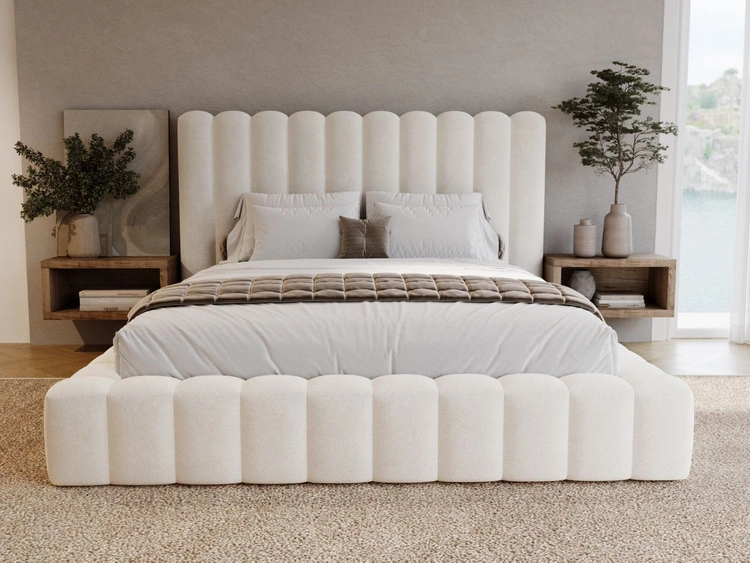 Łóżko tapicerowane z pojemnikiem i stelażem 140x200 cm Rotto Kremowe