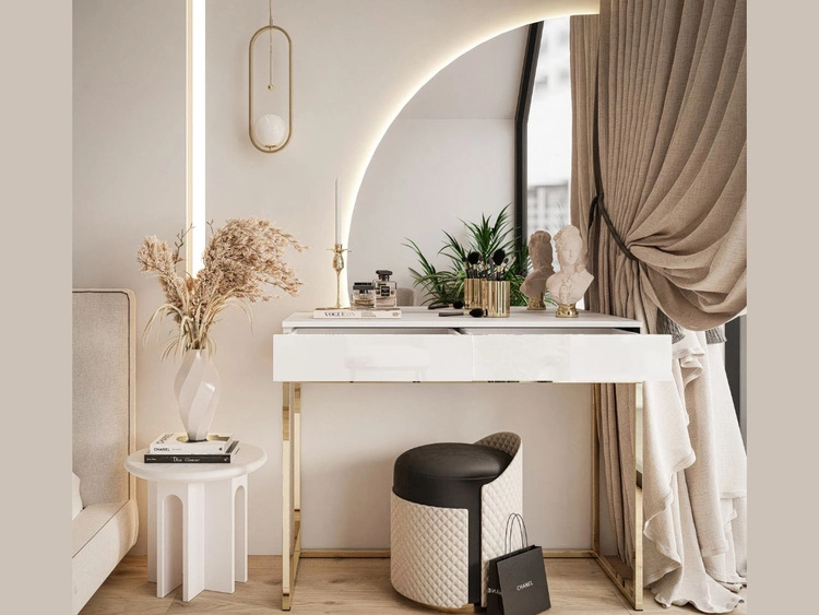 Toaletka kosmetyczna lewostronna z szufladami i oświetleniem LED na złotych nogach Clarette Biały połysk