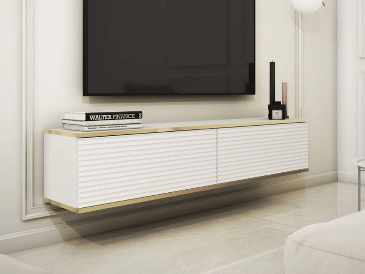 Szafka wisząca pod telewizor z drzwiczkami 135 cm z ryflowanym frontem Diolo Biała