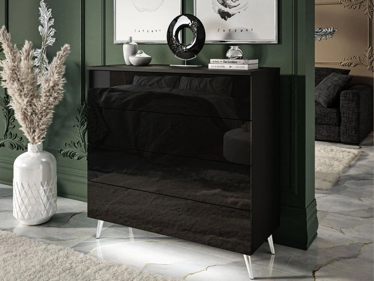 Komoda z czterema szufladami i oświetleniem LED na srebrnych nóżkach Nuveo Czarny połysk