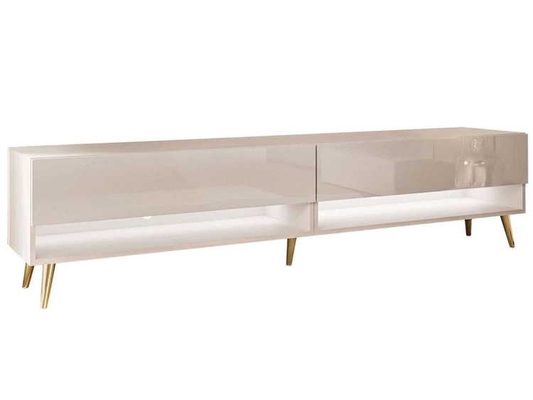 Szafka RTV do salonu 180 cm ze złotymi nóżkami i oświetleniem LED Aurelie Kaszmir połysk