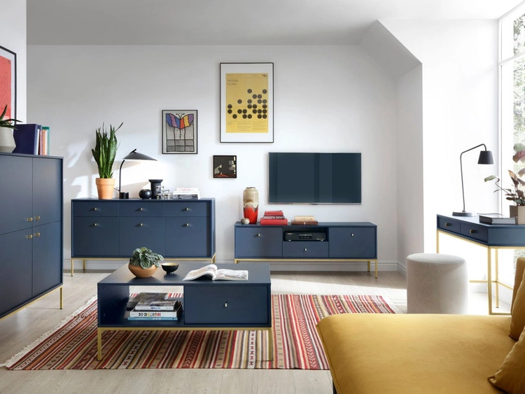 Komoda z drzwiami i szufladami na złotych nóżkach 154 cm Amor Granatowa