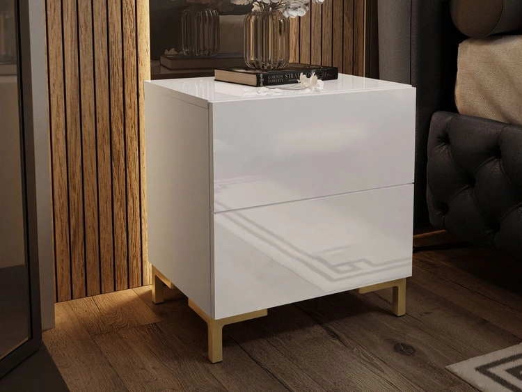 Stolik nocny z dwoma szufladami na złotych nogach Nuveo Lux Biały Połysk