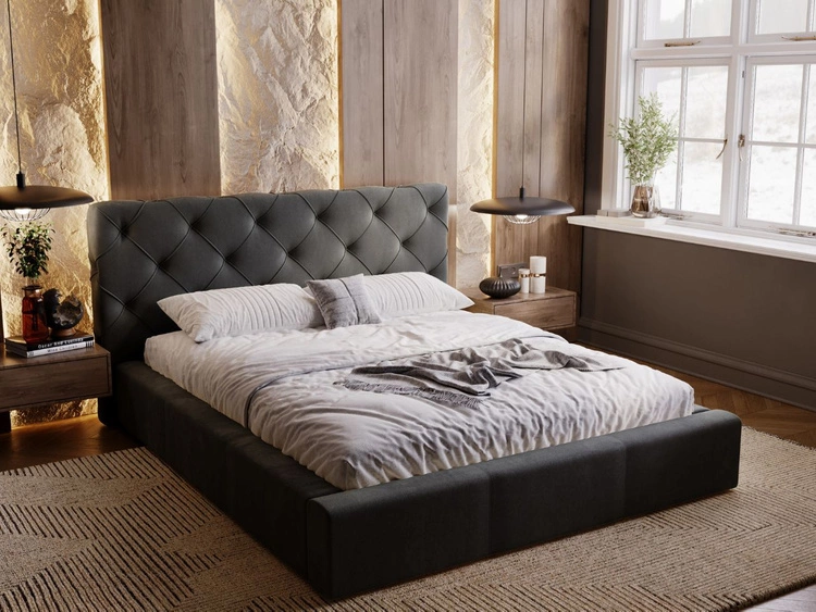 Łóżko tapicerowane z pojemnikiem i stelażem 140x200 Milano Ciemny Szary