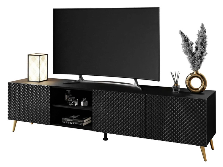 Szafka RTV z frezowanymi frontami 3D i metalowymi złotymi nóżkami Celiane czarny połysk