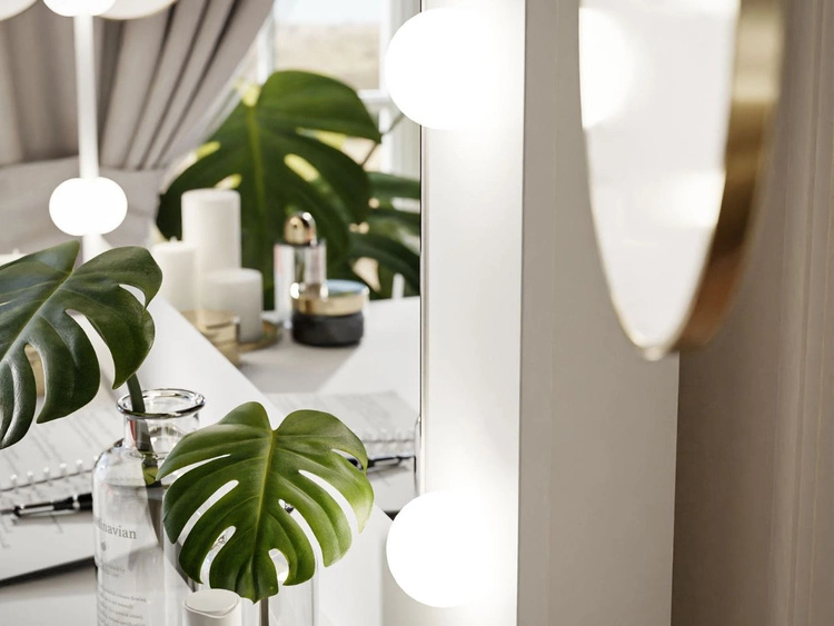 Toaletka kosmetyczna z szufladami, kryształowymi uchwytami i oświetleniem LED Nesso biały mat