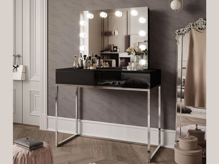 Toaletka glamour z szufladami, lustrem i oświetleniem LED Brisa czarny połysk