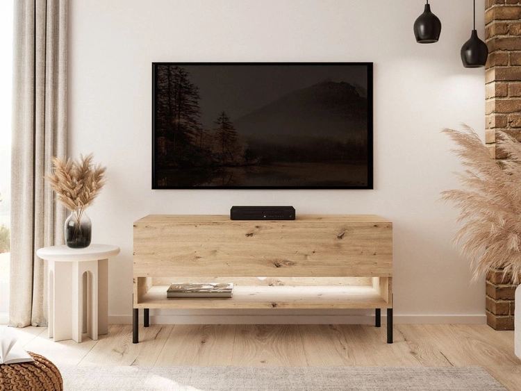 Szafka RTV 90 cm z oświetleniem LED i czarnymi metalowymi nóżkami Aurelie Dąb Artisan